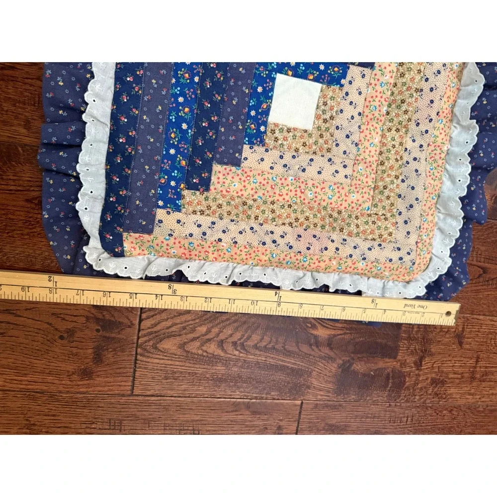 Vintage 1970's Log Cabin Quilt Pillows cover  Pair Handmade  Ruffle Cottagecore